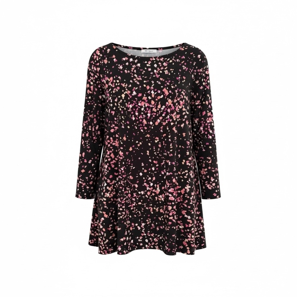 Susan Graver XLP Black Pink Abstract Print Flared Tunic Top 3/4 Sleeve EUC